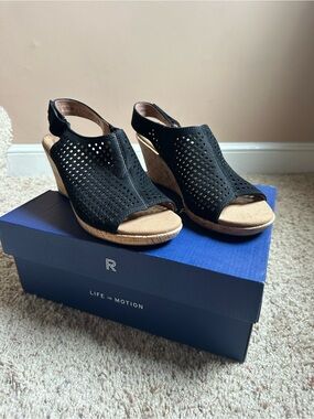 Rockport Black Perforated Slingback Wedge Sandals